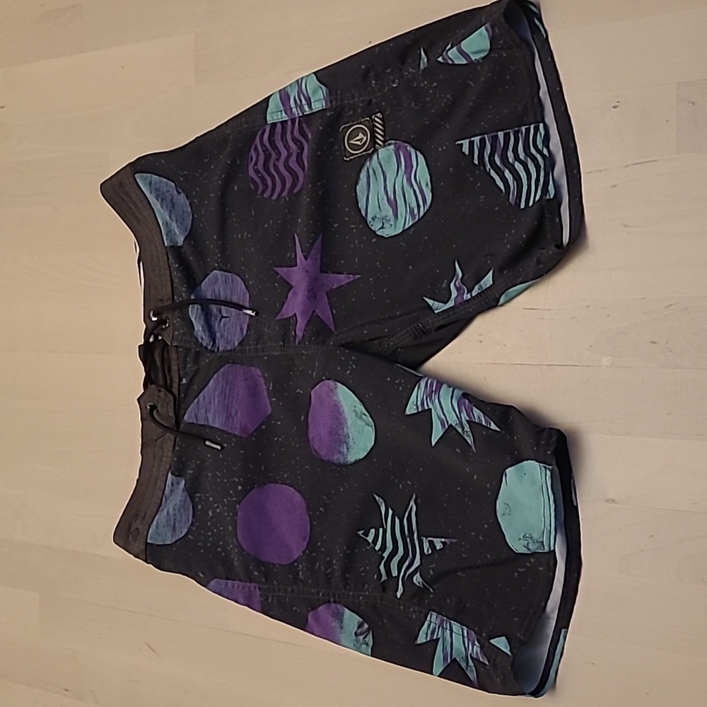VOLCOM Abstrast Print Black, Grey, Blue, and Purple Swim Trunks
